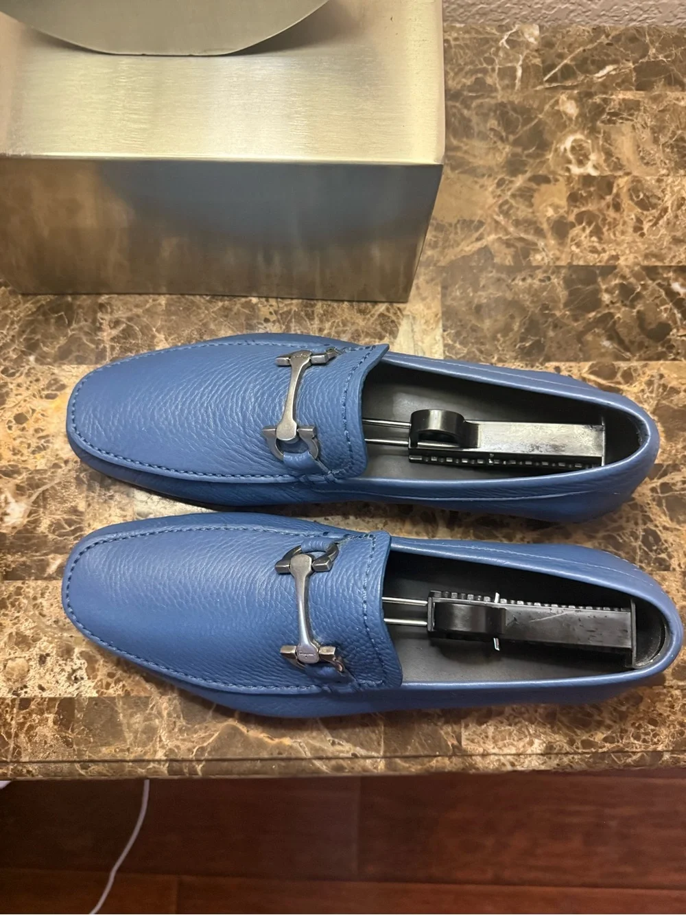 Salvatore Ferragamo Dark Blue Pebbled Leather Bit Slip-Ons